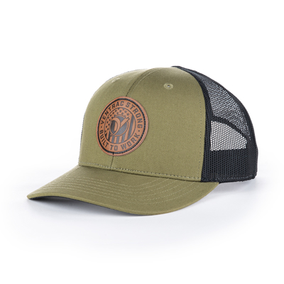 Olive Leather Patch Cap Front Image on white background	