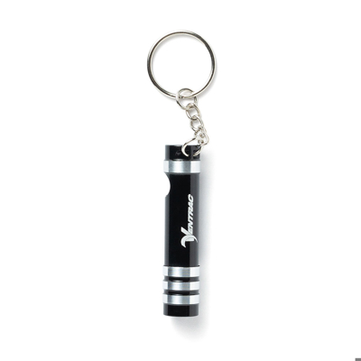Image of a black and silver flashlight and bottle opener keychain
