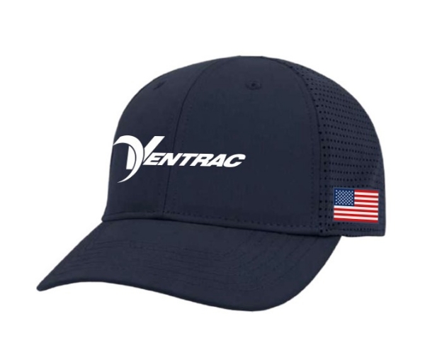 Image of a Navy Performance Cap with a Ventrac logo on it