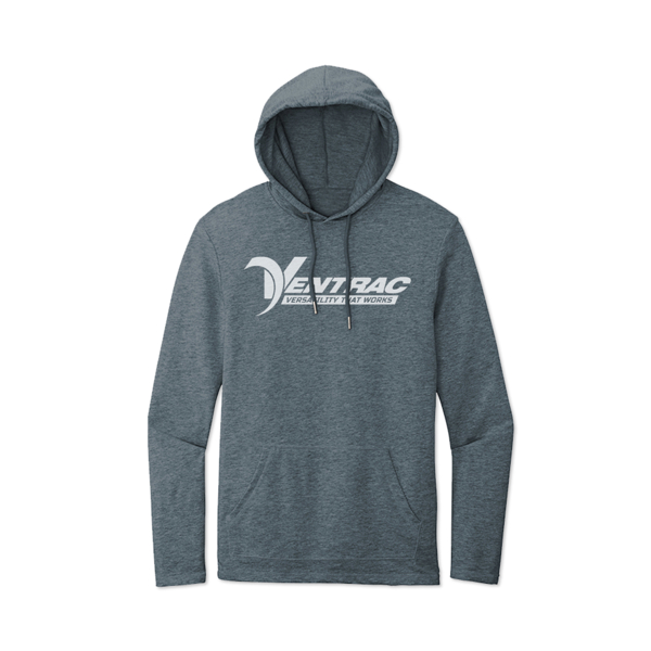 Image of a Blue Heather Versatility Hoodie with a Ventrac logo on it