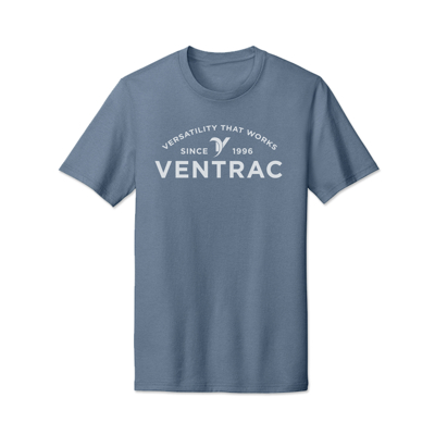 Image of a Blue Heather Versatility Tee with a Ventrac logo on it