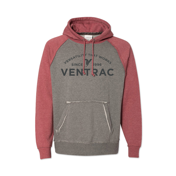 Image of a Vintage Raglan Hoodie - Red with a Ventrac logo on it